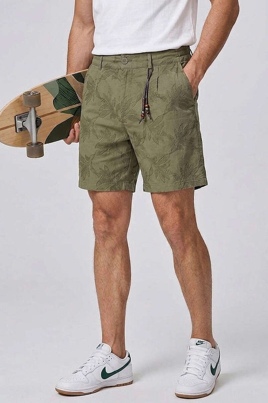 Embroidered Elastic Waist Men's Shorts Khaki