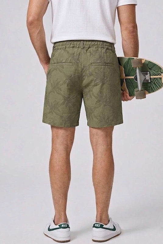 Embroidered Elastic Waist Men's Shorts Khaki