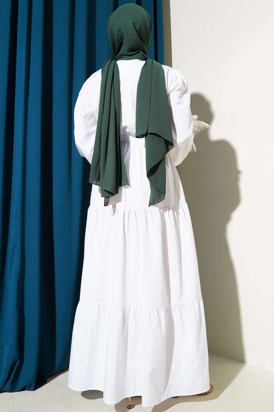 Nakışlı Bel Lastikli Kat Kat Elbise Beyaz