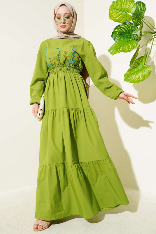 Embroidered Elastic Waist Layered Dress Pistachio Green