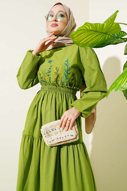 Embroidered Elastic Waist Layered Dress Pistachio Green