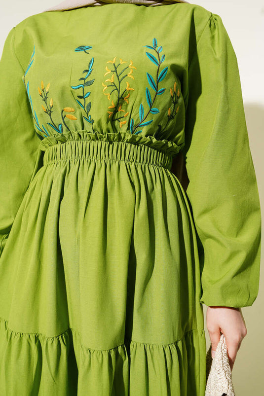 Embroidered Elastic Waist Layered Dress Pistachio Green