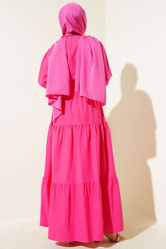 Embroidered Elastic Waist Layered Dress Fuchsia