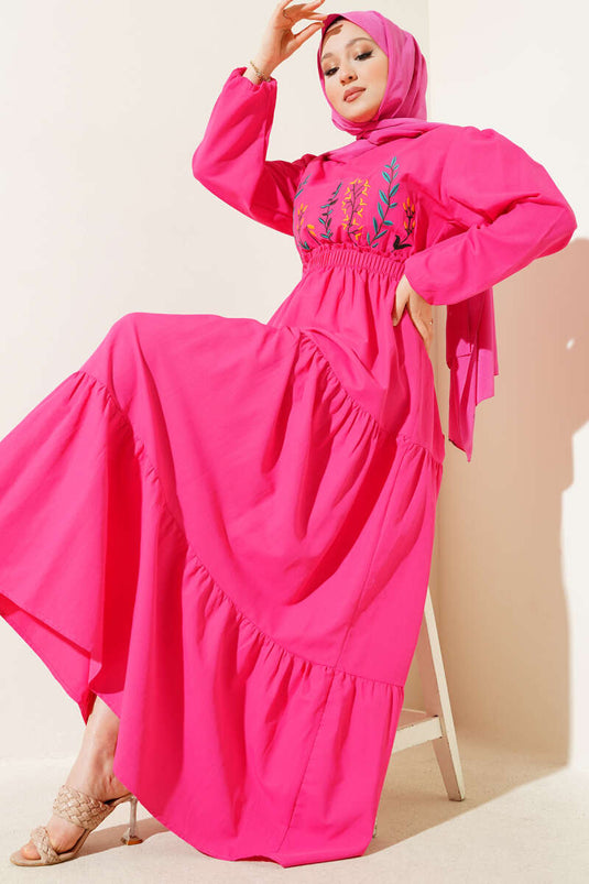 Embroidered Elastic Waist Layered Dress Fuchsia