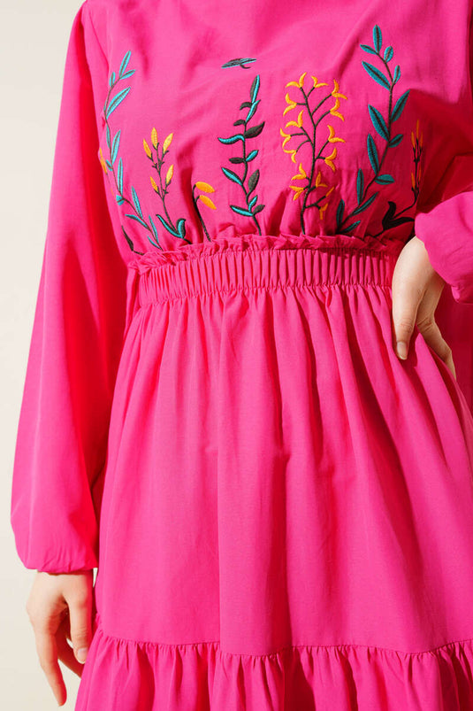 Embroidered Elastic Waist Layered Dress Fuchsia