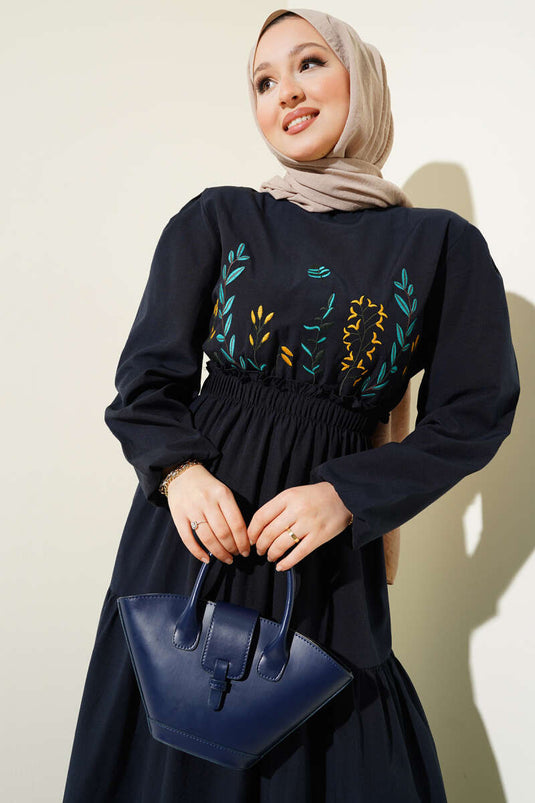 Embroidered Elastic Waist Layered Dress Navy Blue
