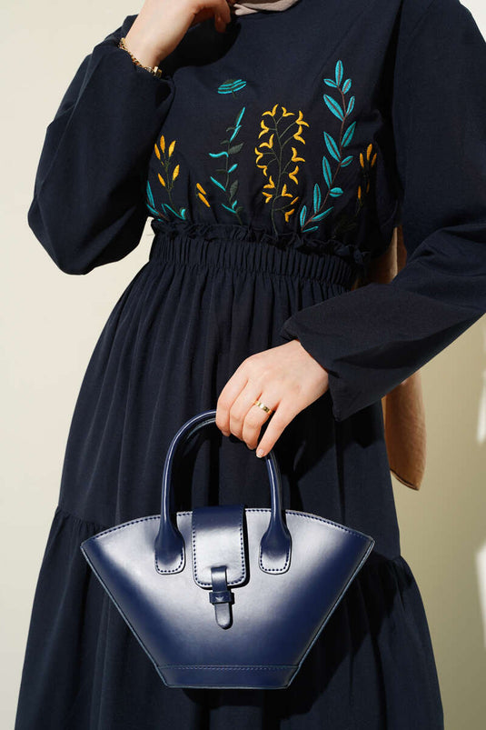 Embroidered Elastic Waist Layered Dress Navy Blue