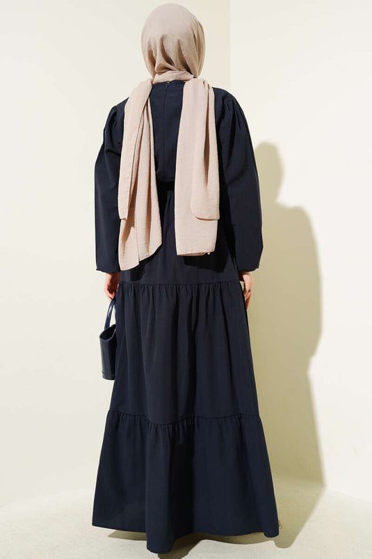 Embroidered Elastic Waist Layered Dress Navy Blue