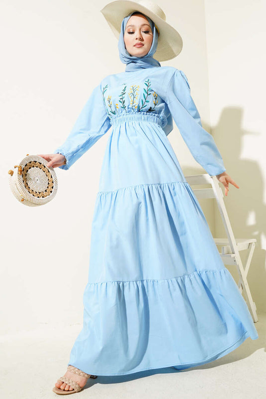 Embroidered Elastic Waist Layered Dress Blue