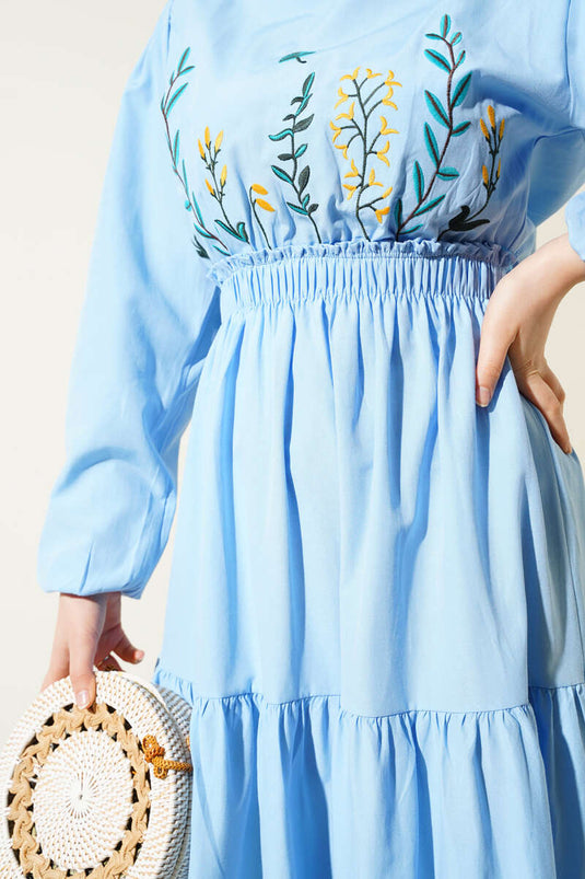 Embroidered Elastic Waist Layered Dress Blue