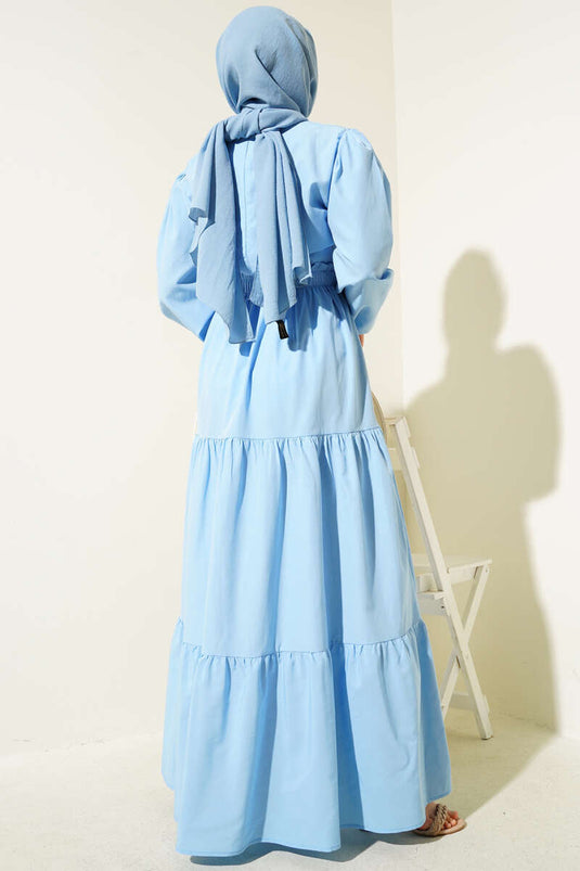 Embroidered Elastic Waist Layered Dress Blue