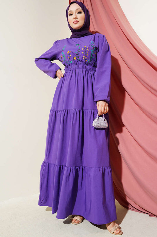 Embroidered Elastic Waist Layered Dress Purple