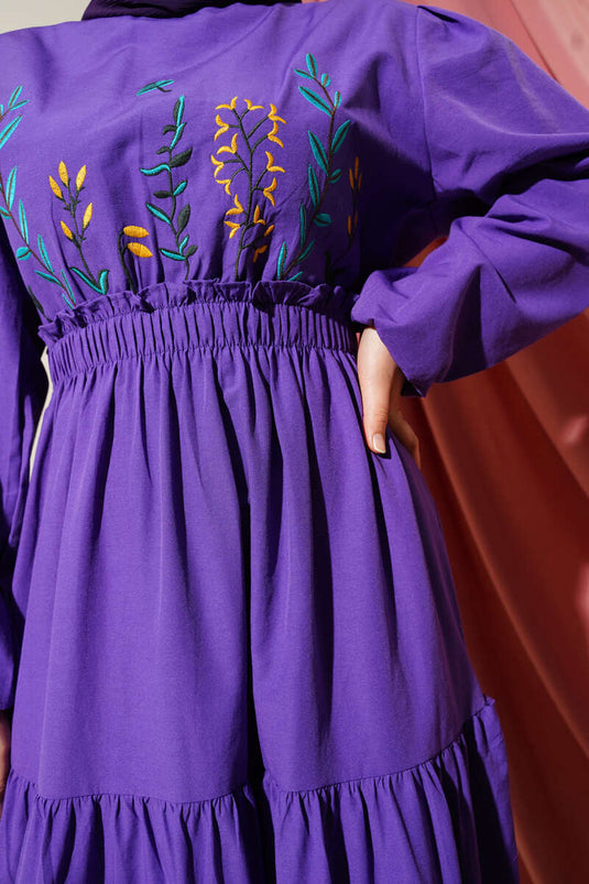 Embroidered Elastic Waist Layered Dress Purple