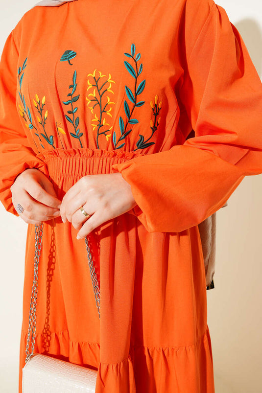 Embroidered Elastic Waist Layered Dress Orange