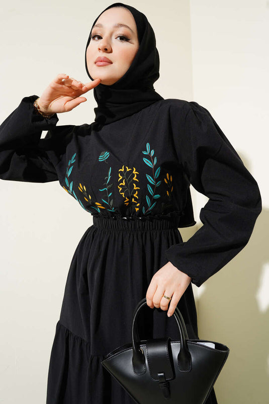 Nakışlı Bel Lastikli Kat Kat Elbise Siyah