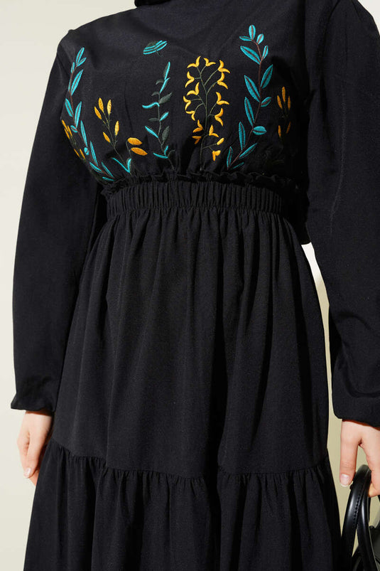 Nakışlı Bel Lastikli Kat Kat Elbise Siyah