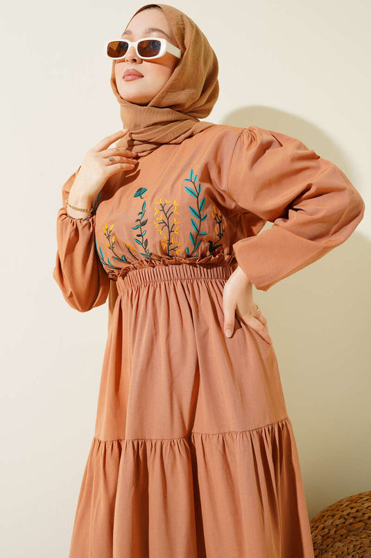 Embroidered Elastic Waist Layered Dress in Tan
