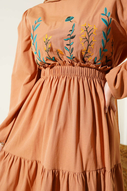 Embroidered Elastic Waist Layered Dress in Tan