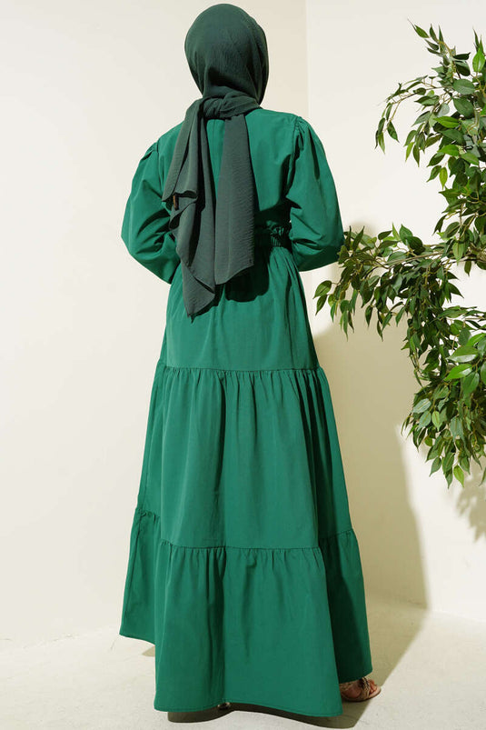 Nakışlı Bel Lastikli Kat Kat Elbise Zümrüt