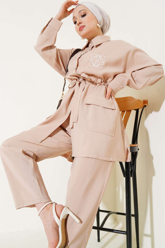 Nakışlı Bel Tünelli Tencel İkili Takım Taş