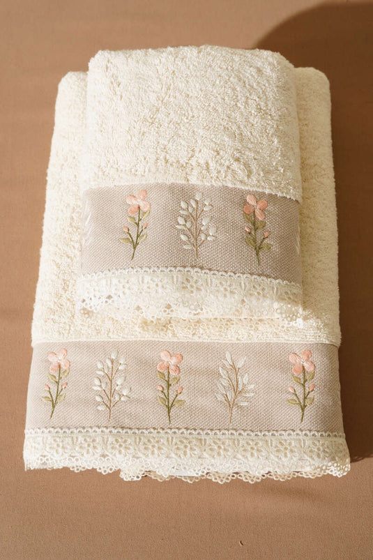 Nakışlı Dantelli 2'li Banyo ve El Havlu Seti Asorti 1