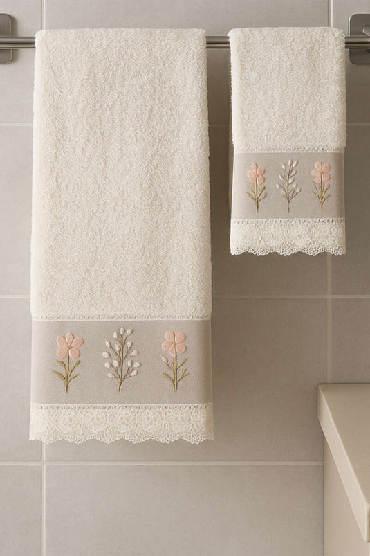 Nakışlı Dantelli 2'li Banyo ve El Havlu Seti Asorti 1