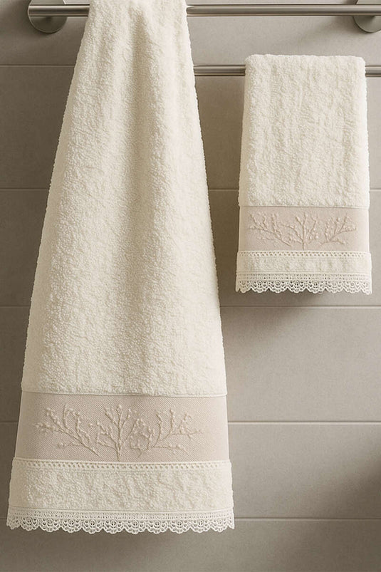 Nakışlı Dantelli 2'li Banyo ve El Havlu Seti Asorti 2