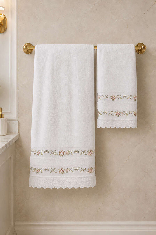 Nakışlı Dantelli 2'li Banyo ve El Havlu Seti Asorti 8