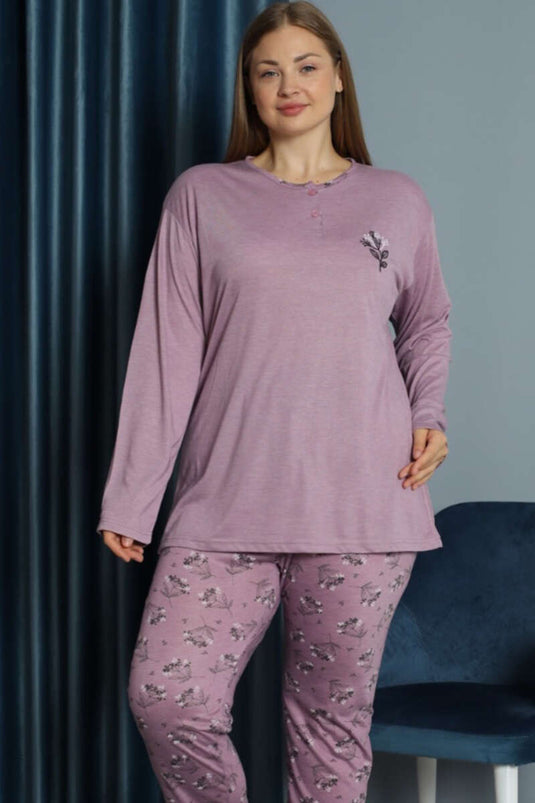 Ensemble pyjama grande taille en viscose à motifs brodés lilas