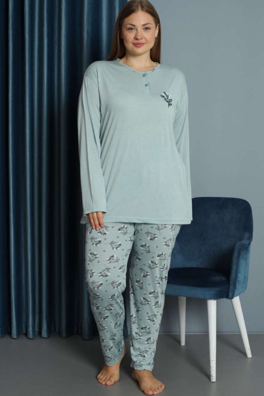 Ensemble pyjama grande taille en viscose à motifs brodés, couleur menthe