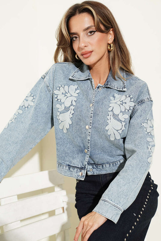 Gestickte Kurze Jeansjacke In Blau