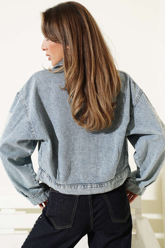 Gestickte Kurze Jeansjacke In Blau