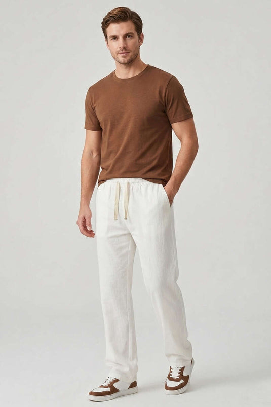 Pantaloni da uomo in lino ricamati bianchi