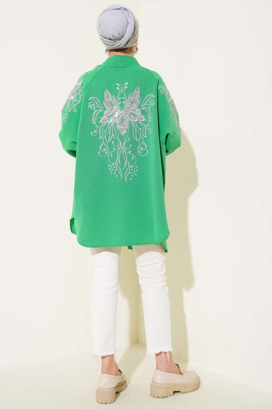Embroidered Sequined Kimono Green