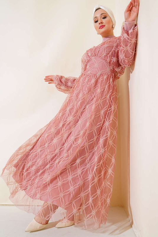 Embroidered Tulle Dress Rose Dust