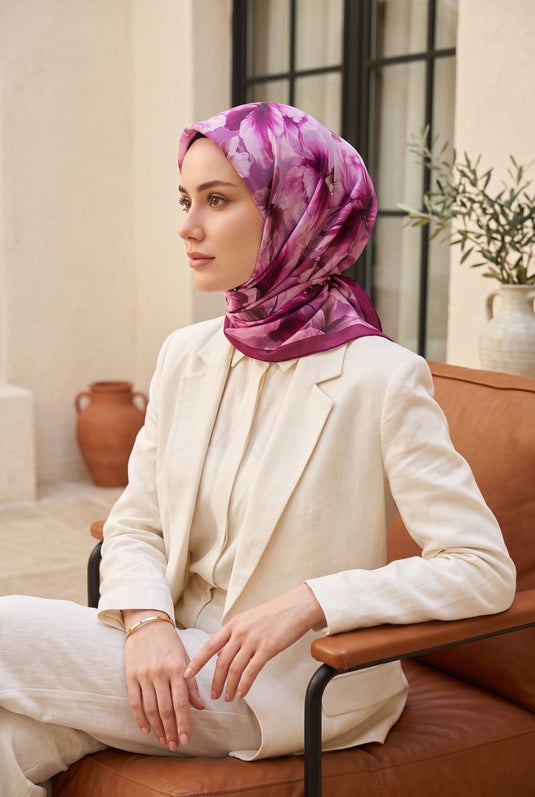 Natural Çiçek Desen Eşarp Serisi Fuşya