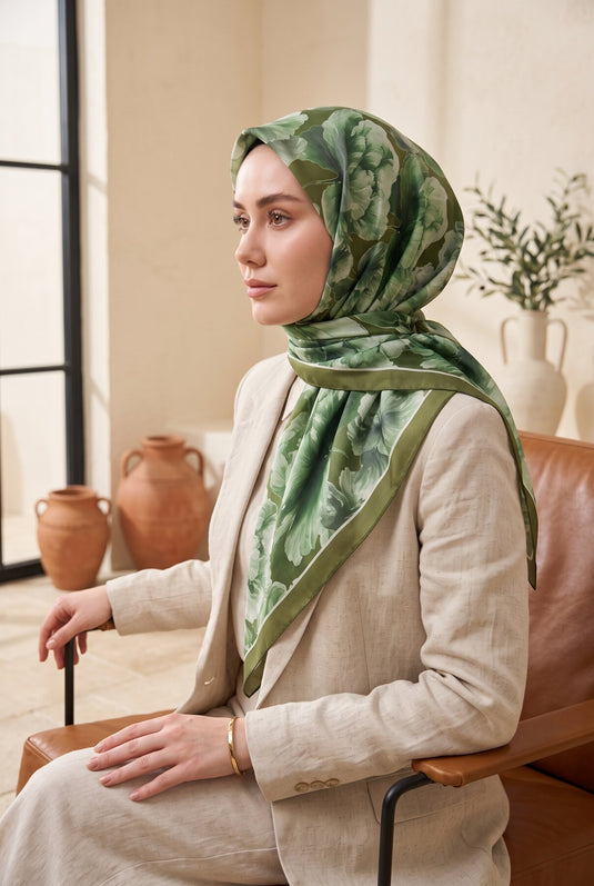 Natural Çiçek Desen Eşarp Serisi Haki