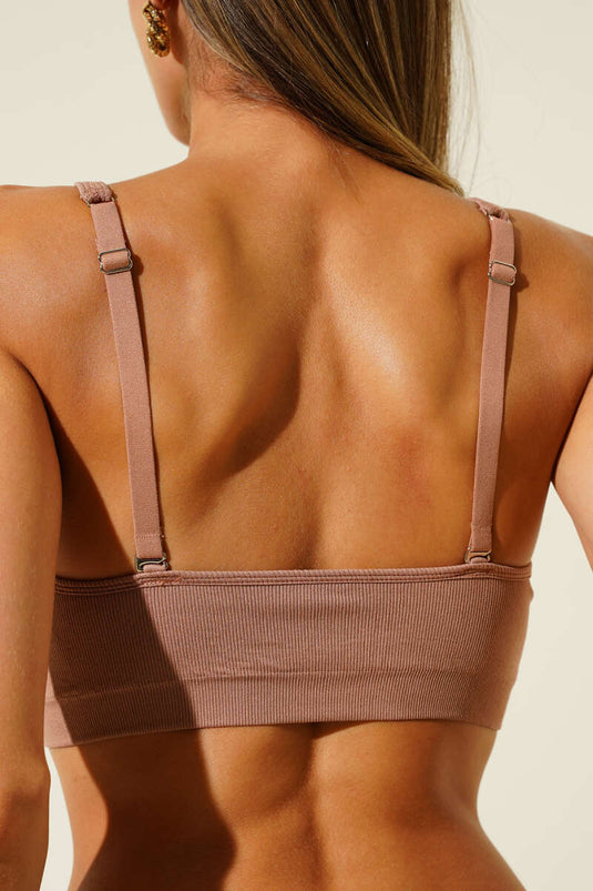 Soutien-gorge côtelé à bretelles et col en V NBB, couleur vison