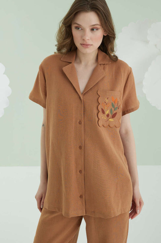 Ensemble pyjama en mousseline à manches courtes brodées NBB, marron