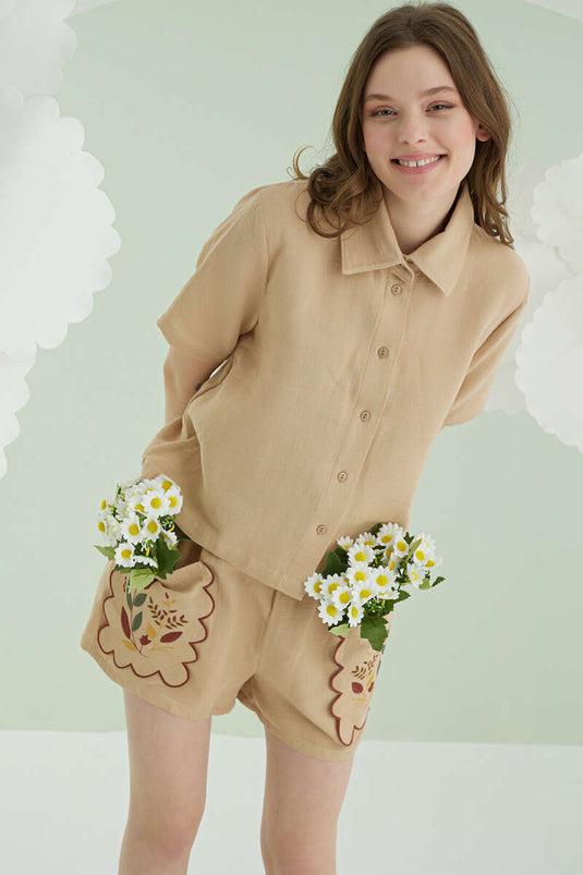 طقم بيجامة من قماش موسلين من NBB مع شورت مطرز بجيوب، لون بيج