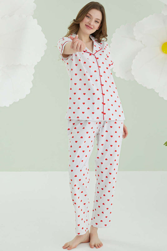 Ensemble pyjama en lin écru à boutons et motif cœur NBB