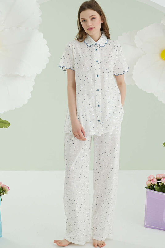 طقم بيجامة من الكتان بنقاط البولكا من NBB باللون الأزرق