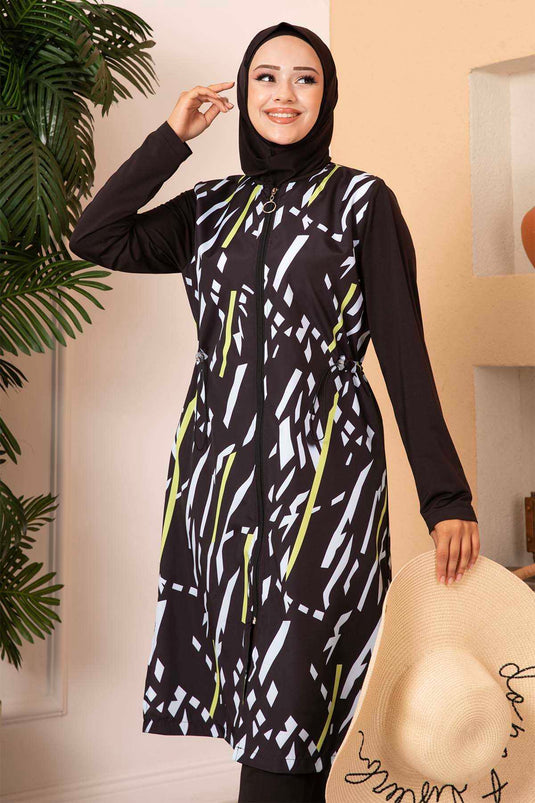 Maillot De Bain Hijab à Motifs Néon En Tissu Parachute Noir