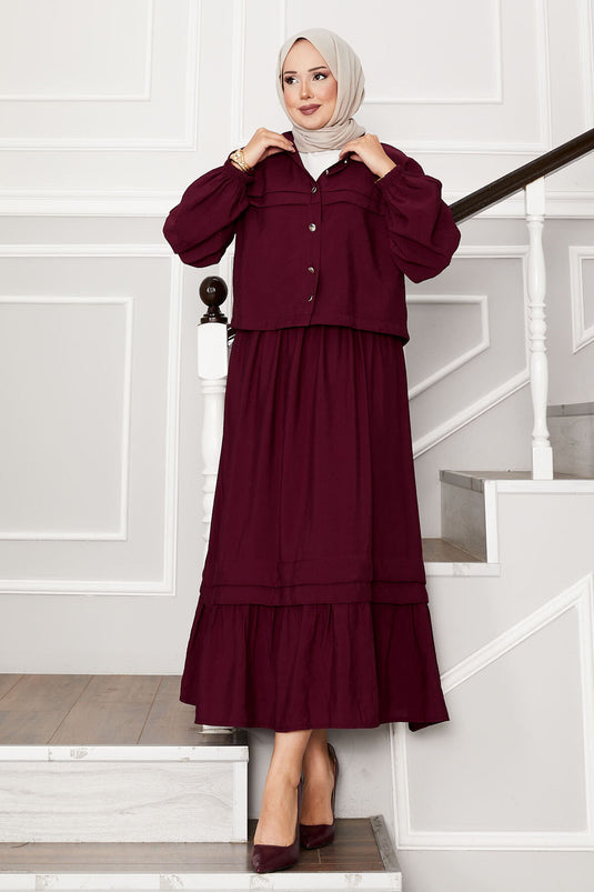 Ensemble jupe à manches ballon et détails côtelés rouge bordeaux