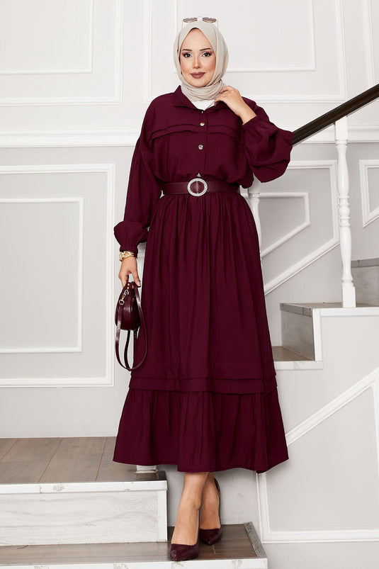 Ensemble jupe à manches ballon et détails côtelés rouge bordeaux