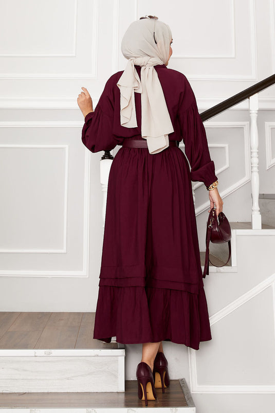 Ensemble jupe à manches ballon et détails côtelés rouge bordeaux