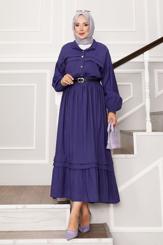 Ensemble jupe à manches ballon et détails côtelés violet