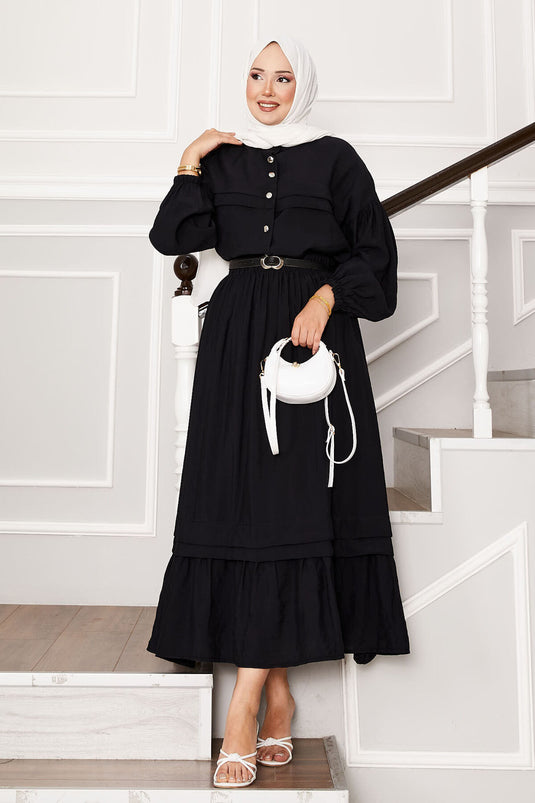 Ensemble jupe à manches ballon et détails côtelés noir