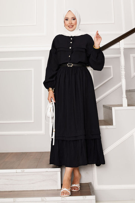 Ensemble jupe à manches ballon et détails côtelés noir