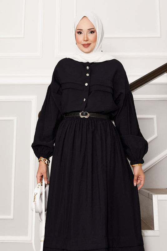 Ensemble jupe à manches ballon et détails côtelés noir